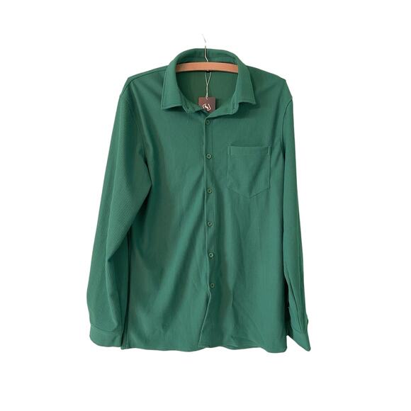 URRU Men’s Green Small Casual Button Down Shirt Ribbed Long Sleeve With Pocket - Picture 1 of 6